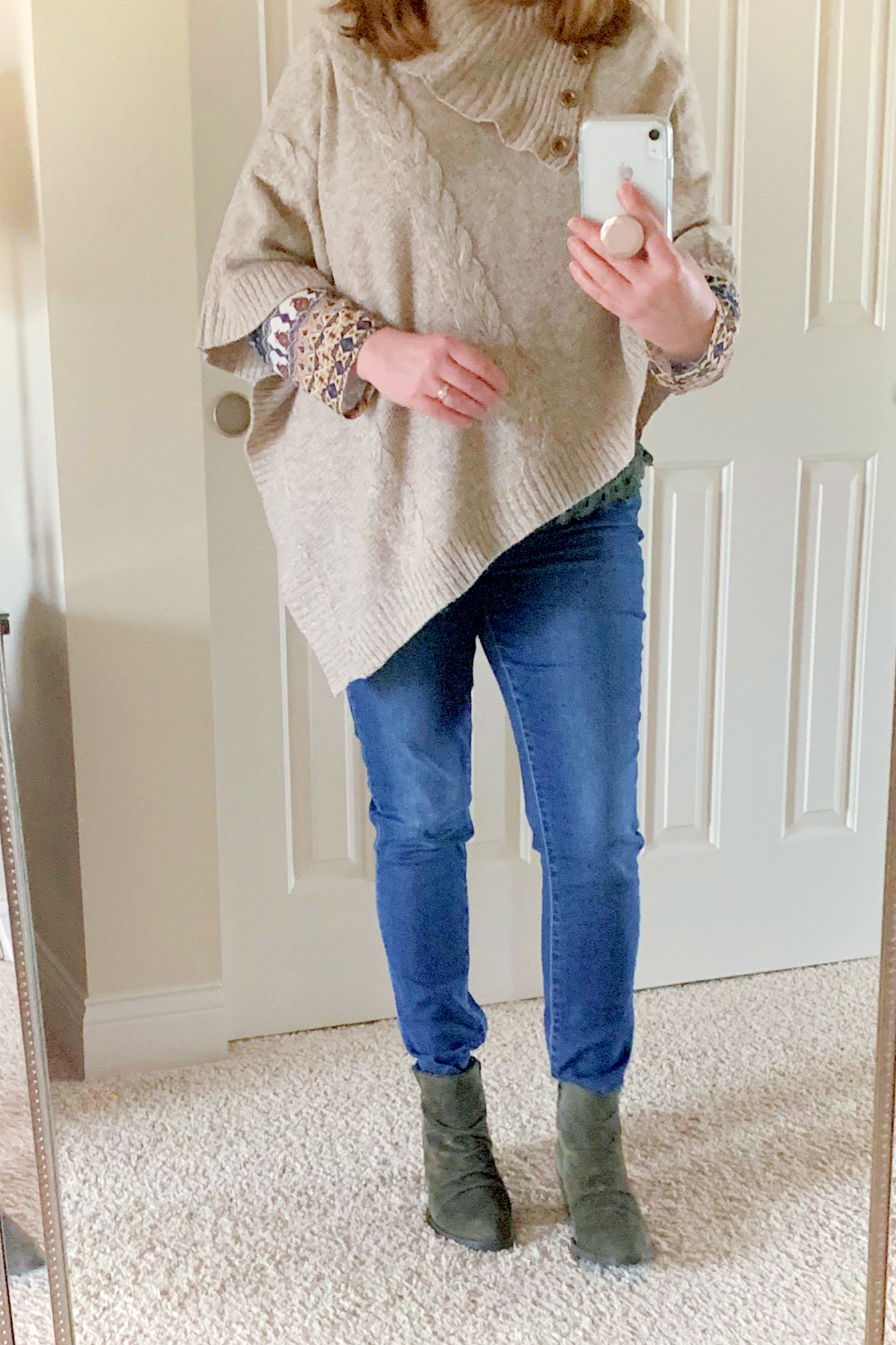 Beige Poncho Sweater with Patterned Top