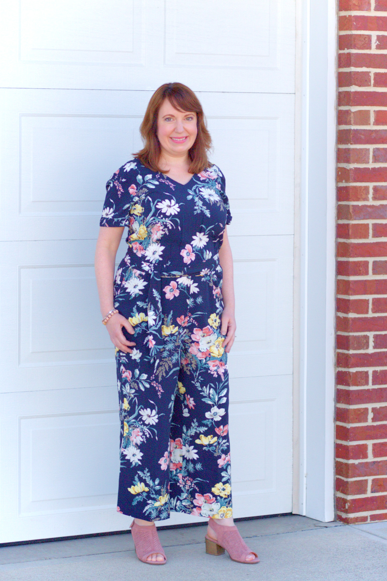 Spring Jumpsuit With Navy Blue Background & Floral Design