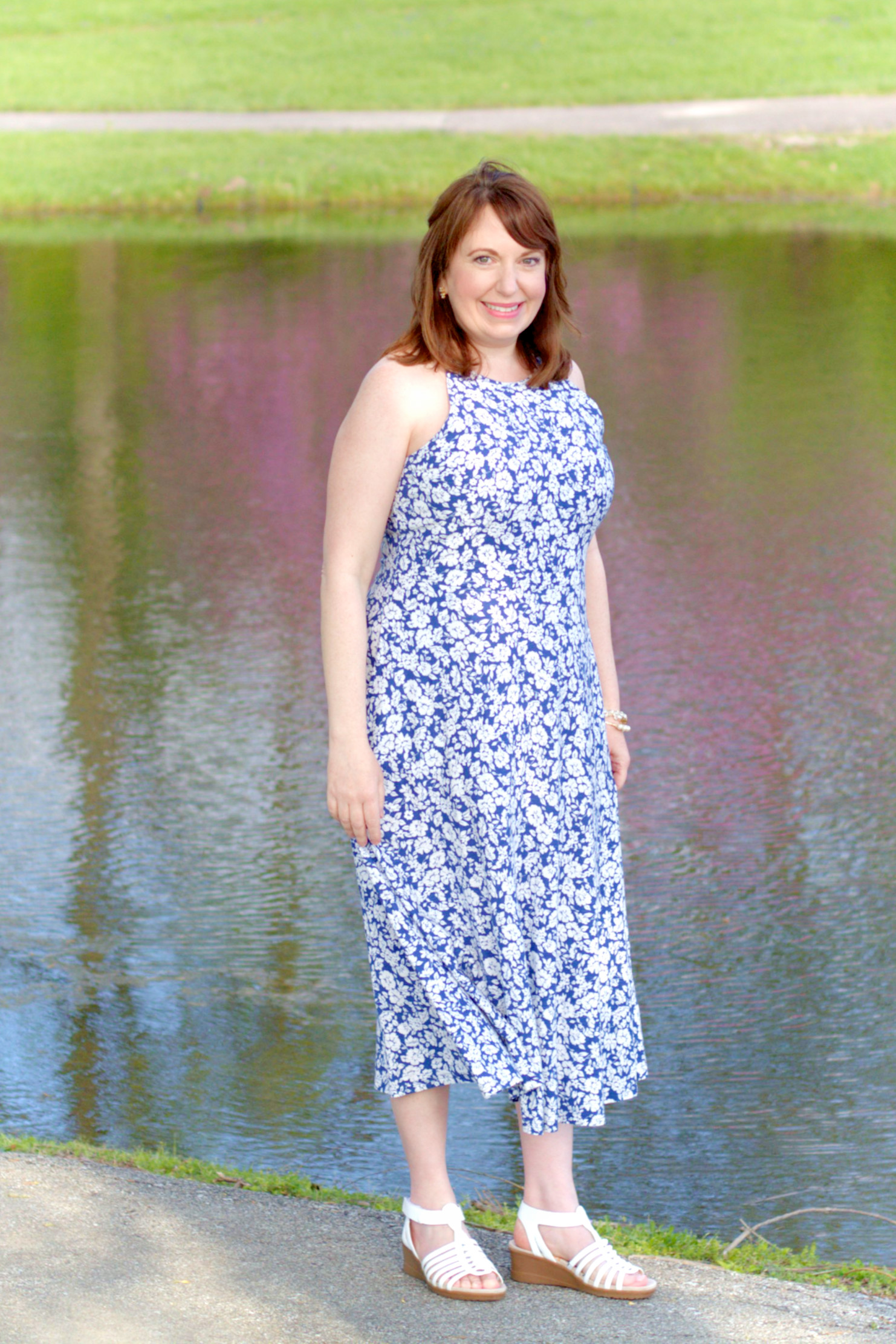 Blue Floral Dress + White Sandals