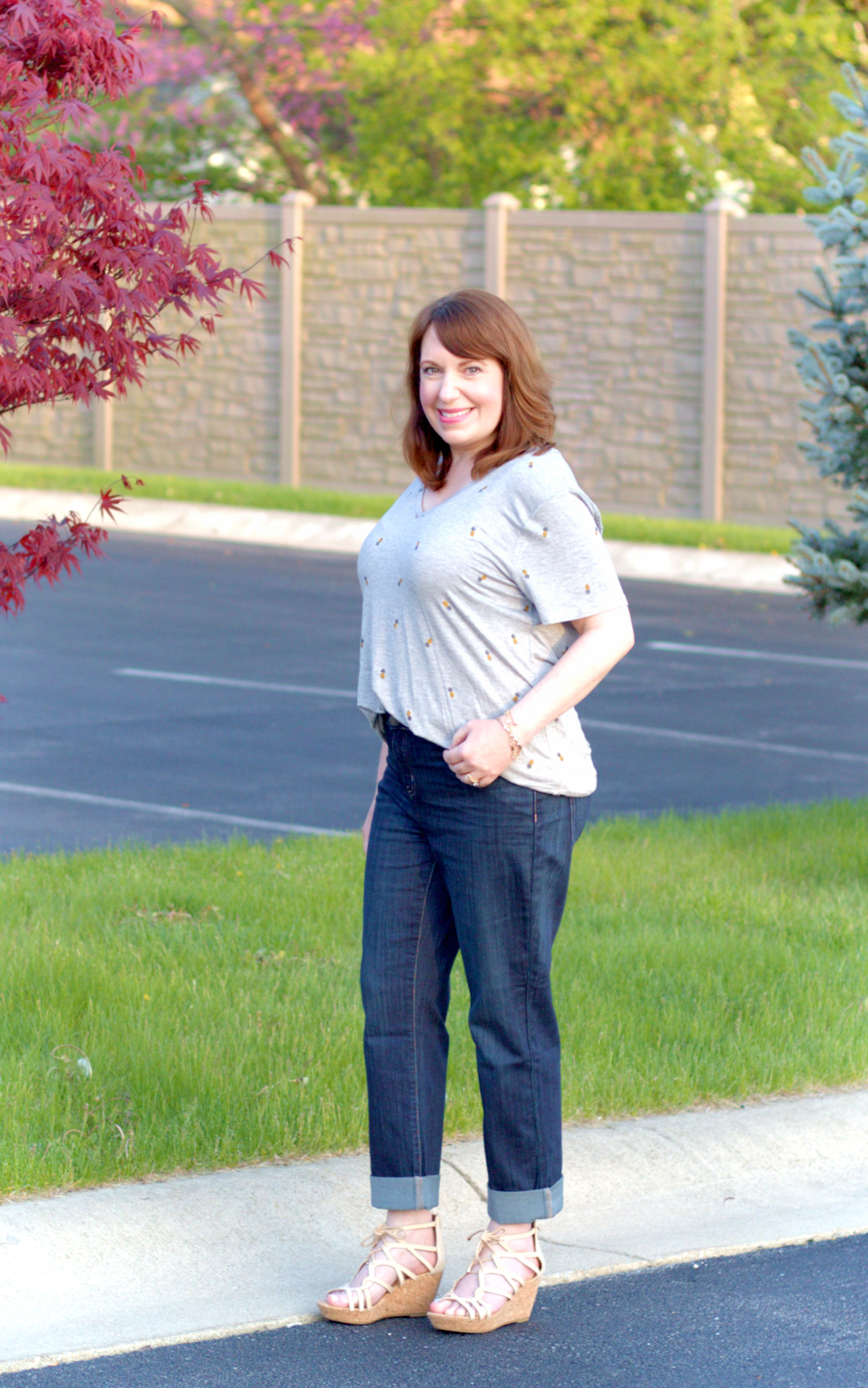 Pineapple Tee + Jeans + Wedge Sandals