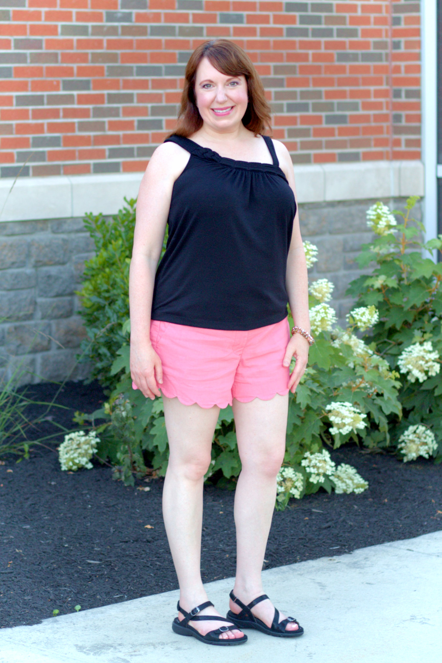 Black Top, Pink Shorts, & Black Sandals