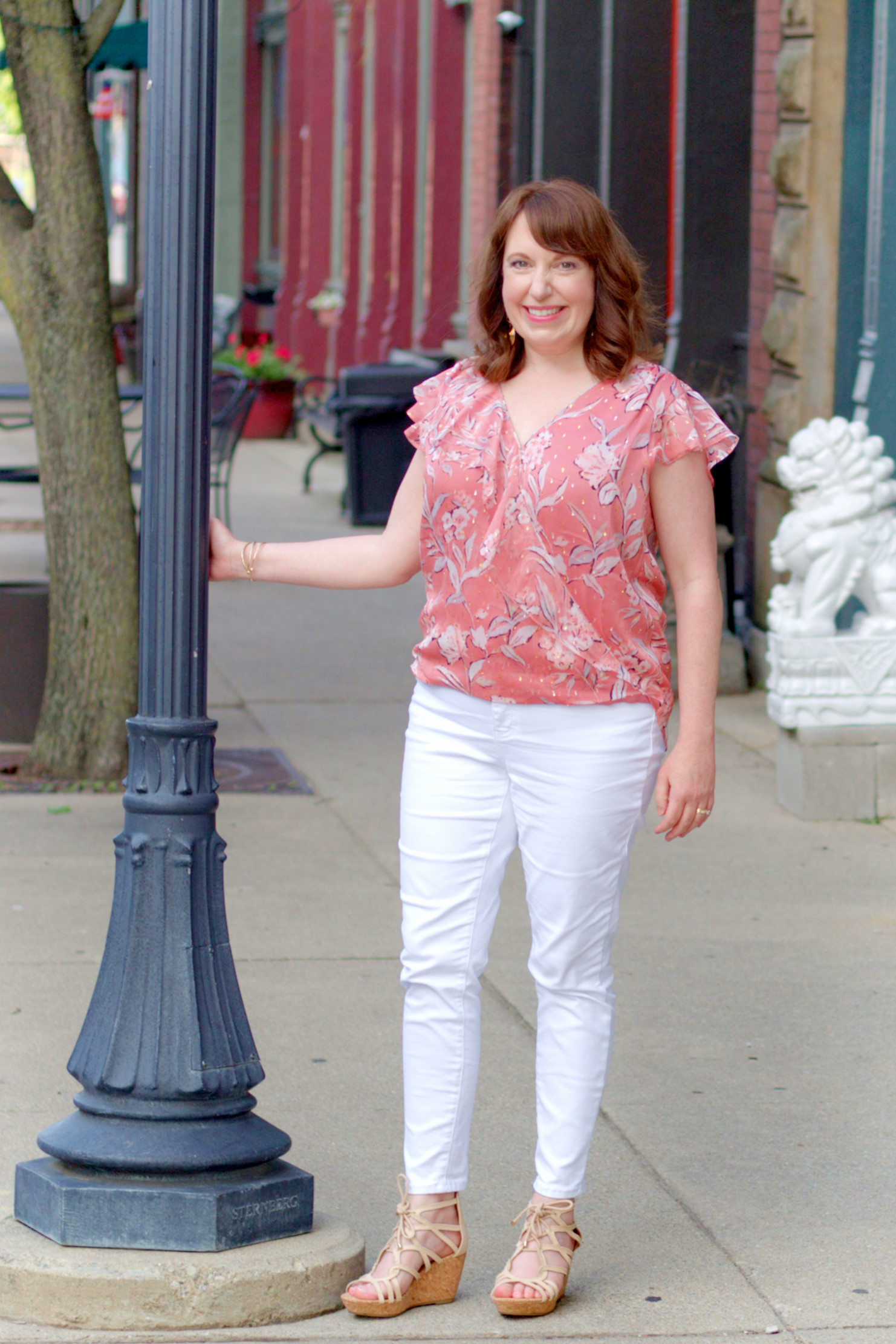 Peach Wrap Top, White Jean, and Lace Up Wedges