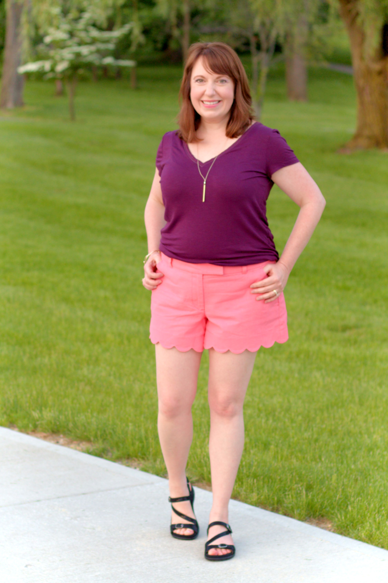 Dianna Walking Along Path In Purple & Pink Outfit