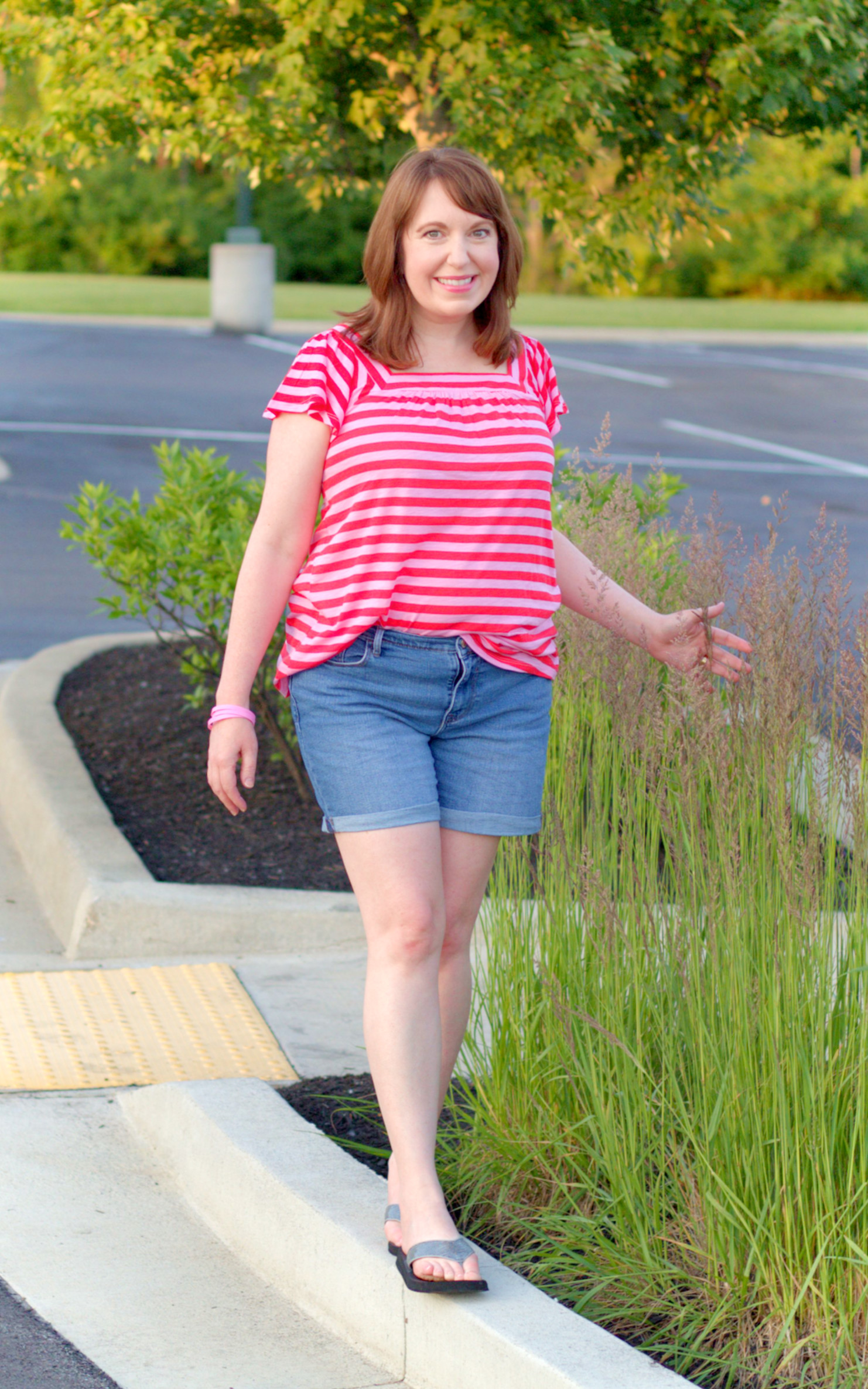 Square Neck Tee With Jean Shorts & Silver Flip Flops