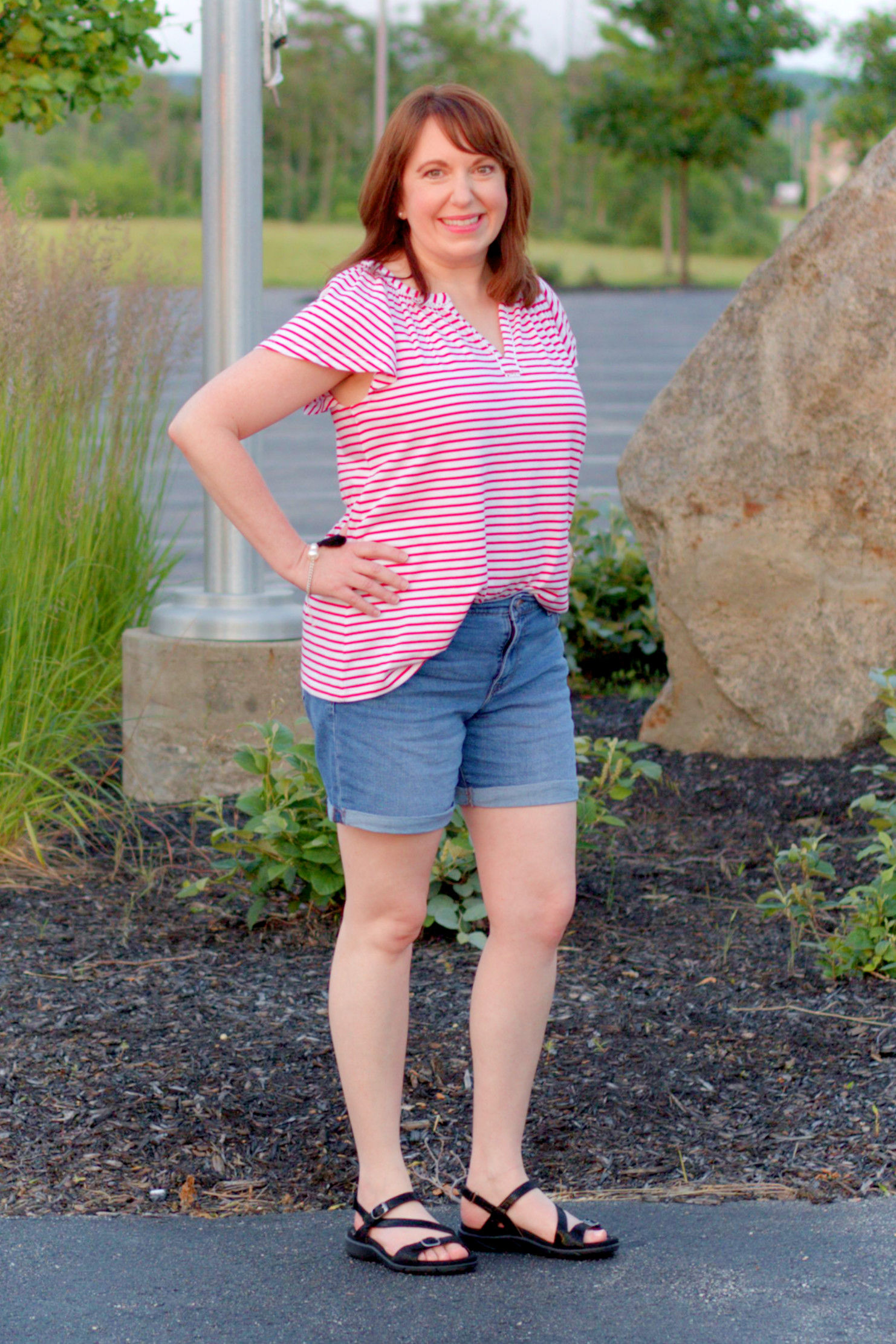 Tripe Top, Blue Jean Shorts, & Black Flat Sandals