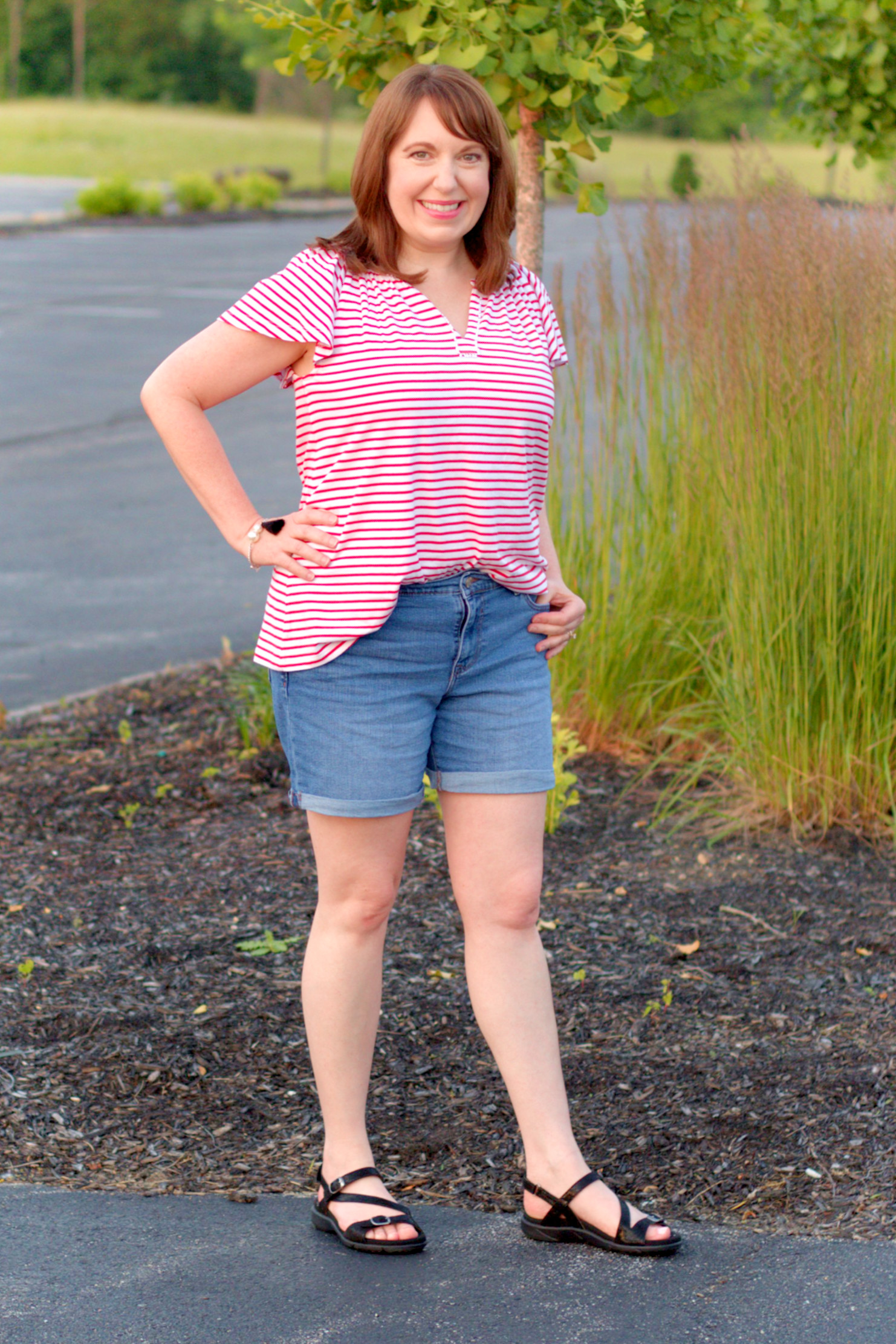 Dianna Wearing Stripe Top, Shorts, & Sandals