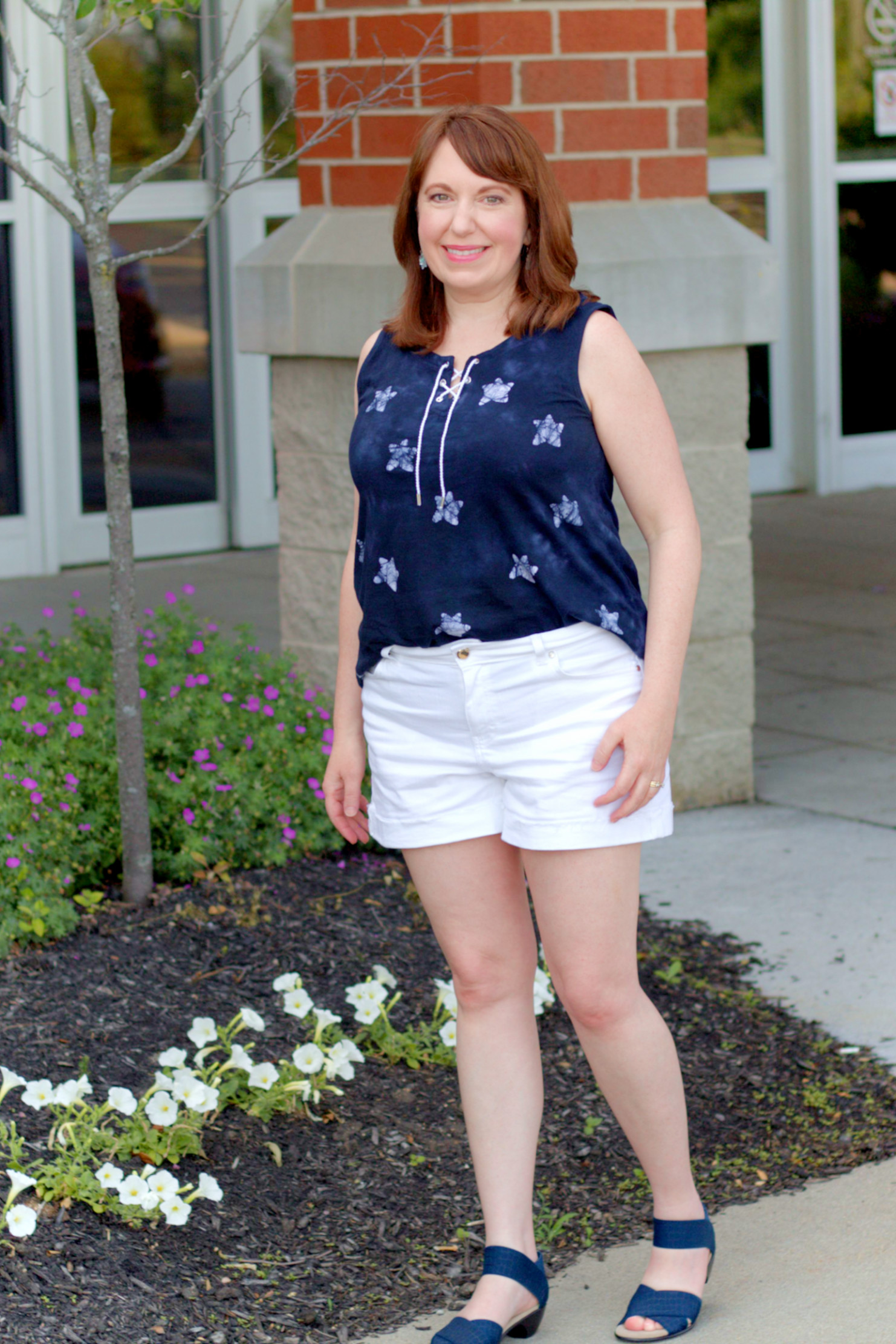 Navy Blue & White Top, White Shorts, Navy Blue Sandals