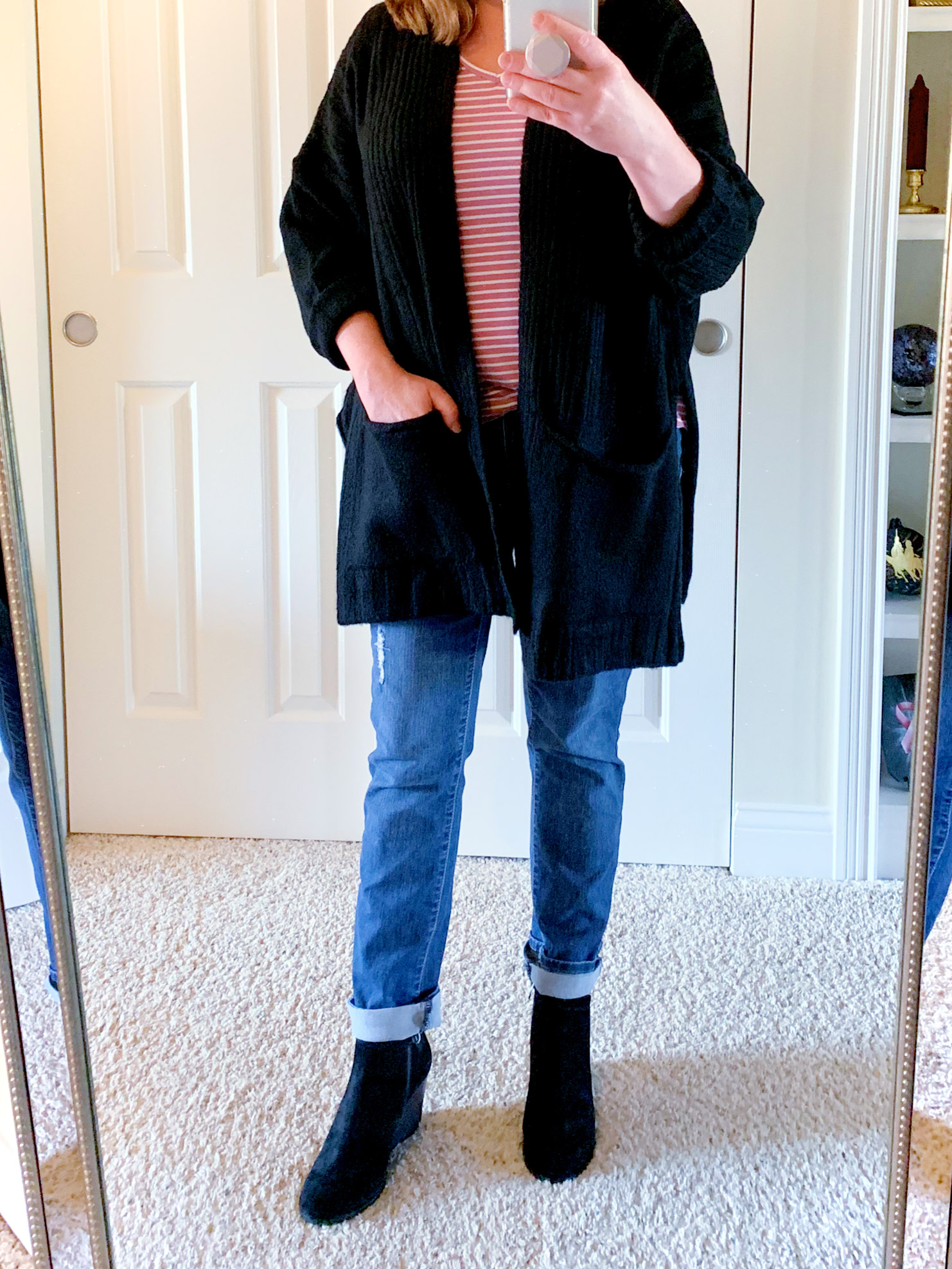 Black Cardigan, Black Wedge Booties