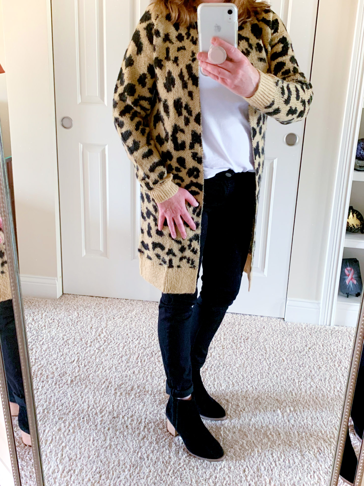 Leopard Print Cardigan, Black Jeans, & Black Boots