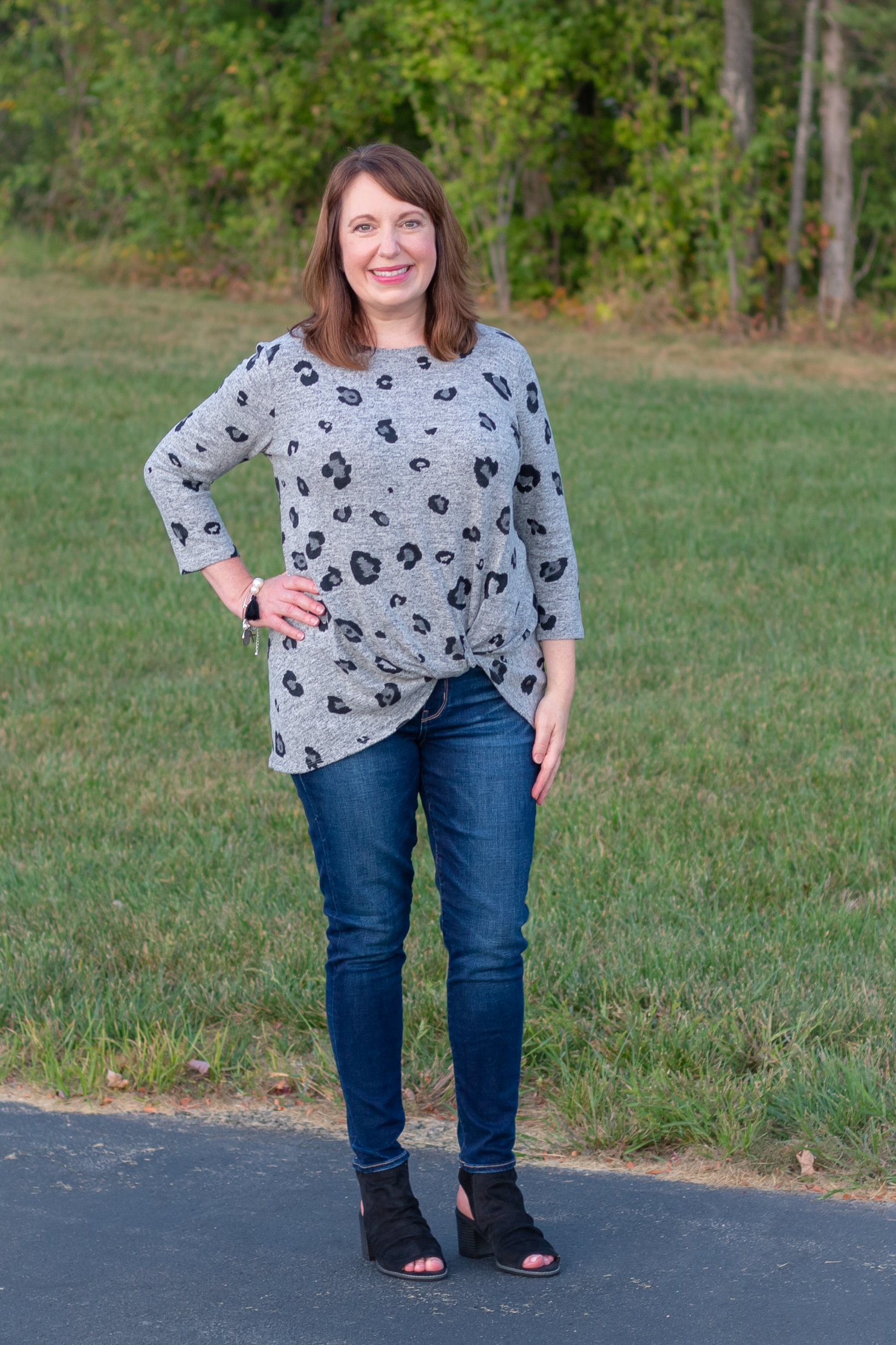 Fall Outfit Featuring this Grey leopard Print Twist Top
