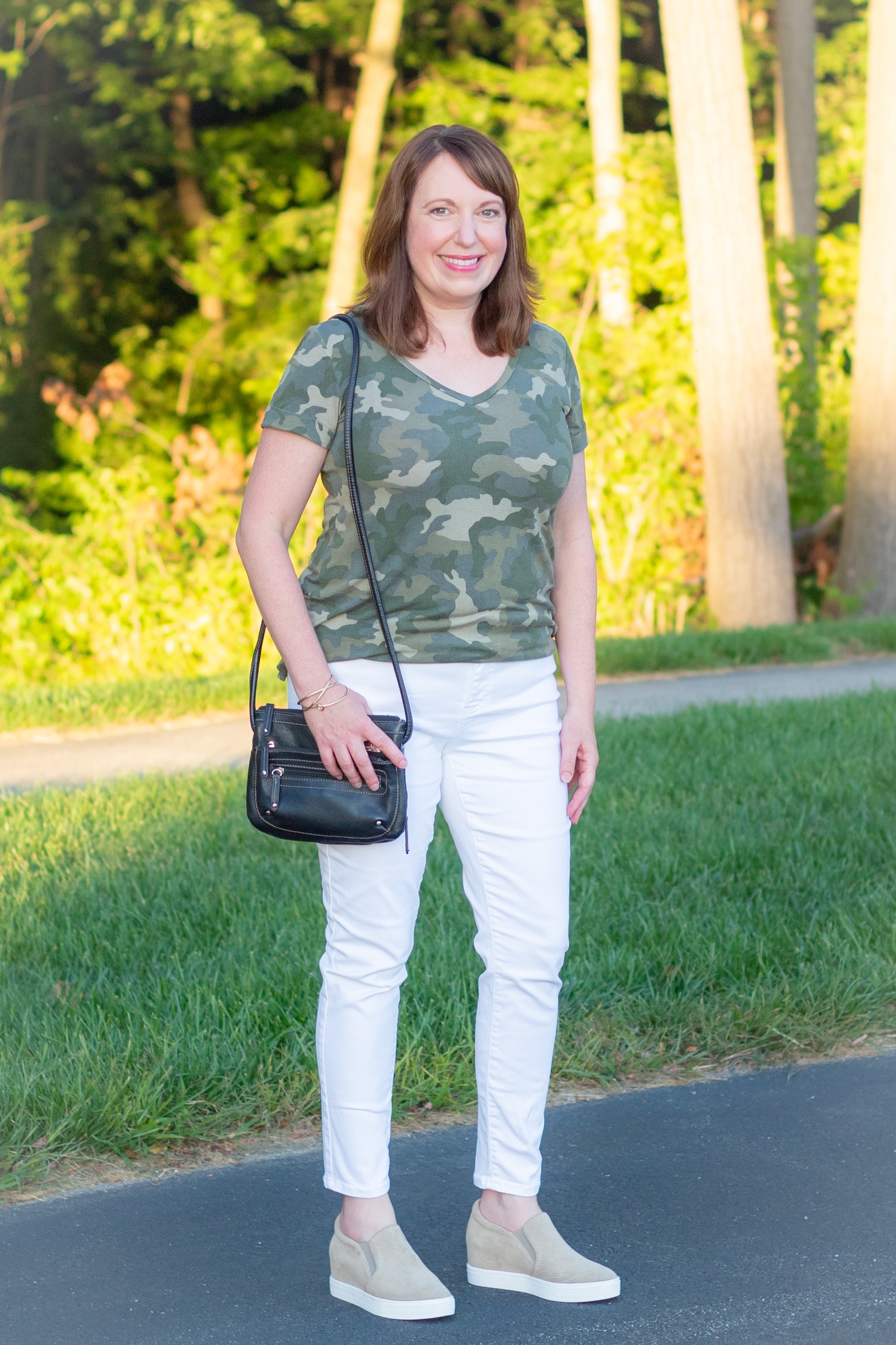 Camo Tee + White Jeans