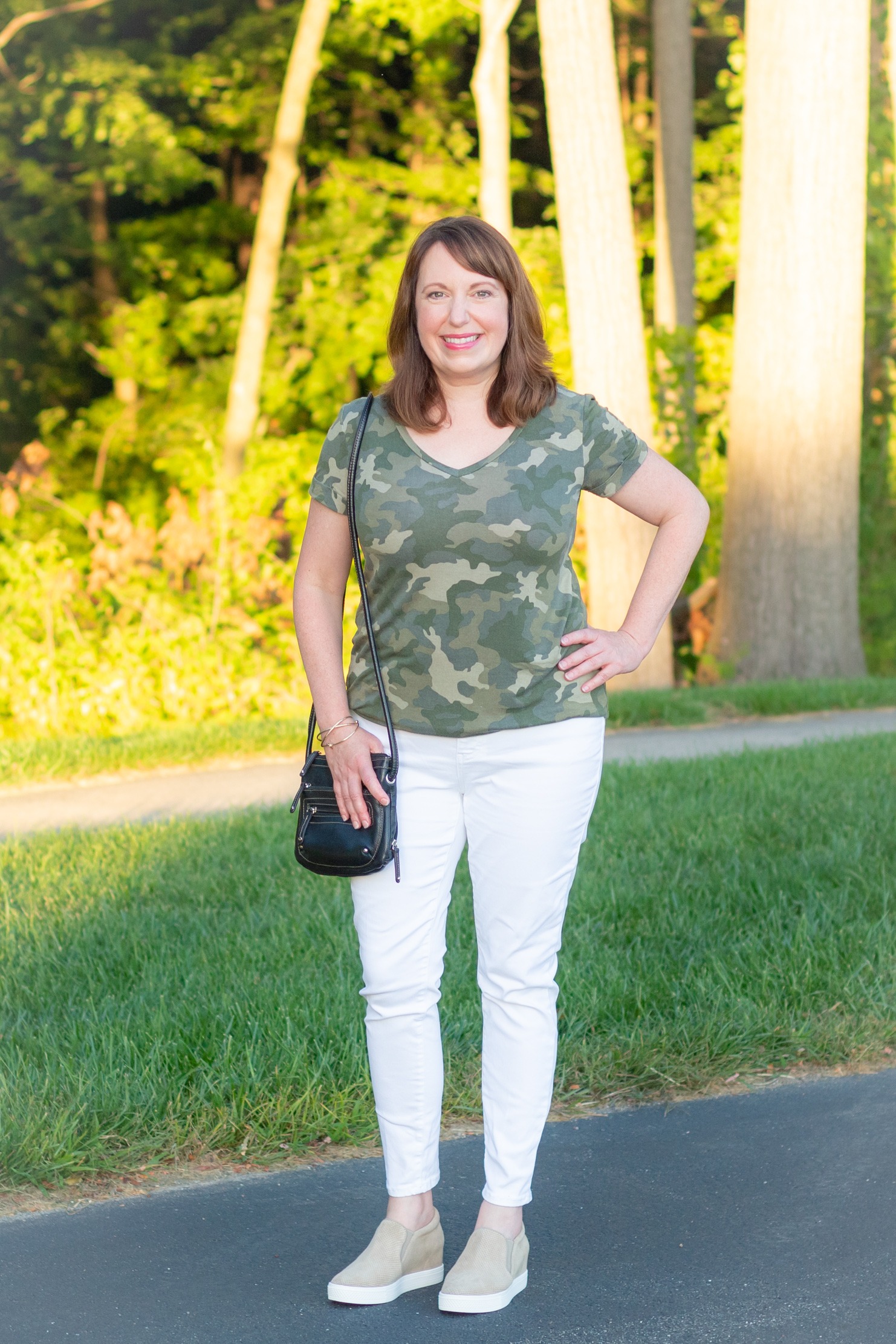 Camo Tee, White Jeans, 7 Crossbody Handbag