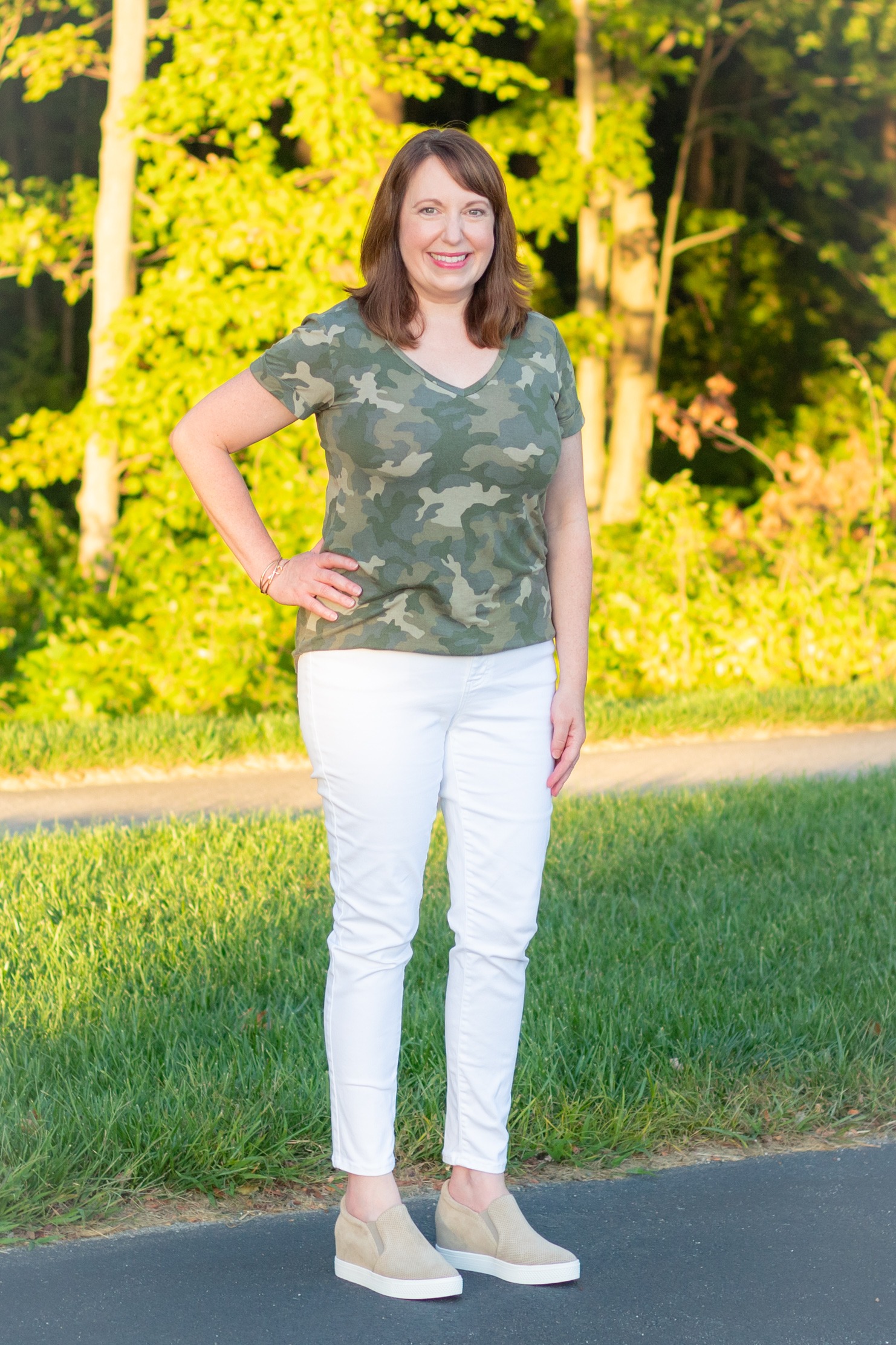 Camo Tee, White Jeans, & Wedge Sneakers