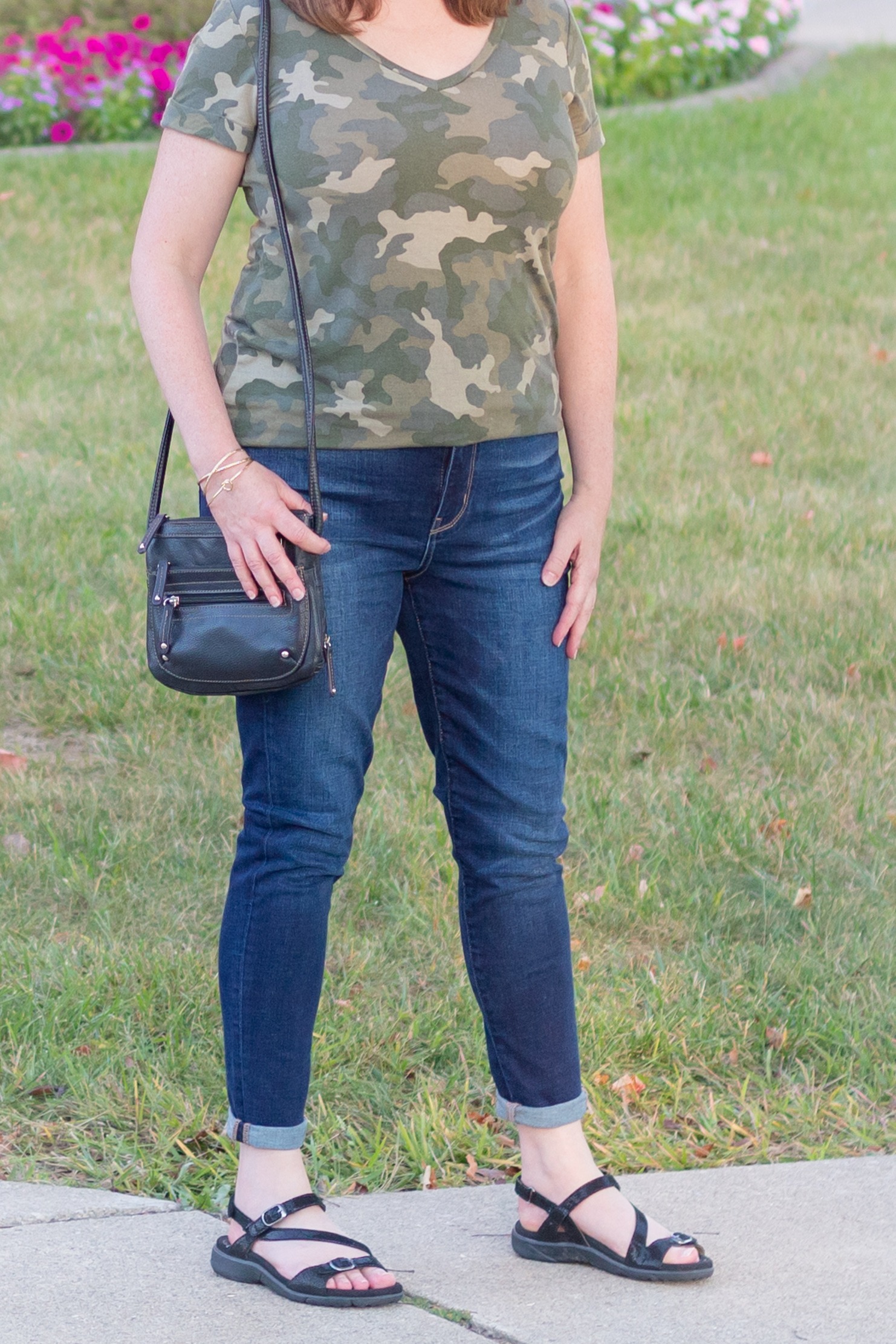 Camo Tee, Jeans, Black Sandals, & Crossbody Handbag