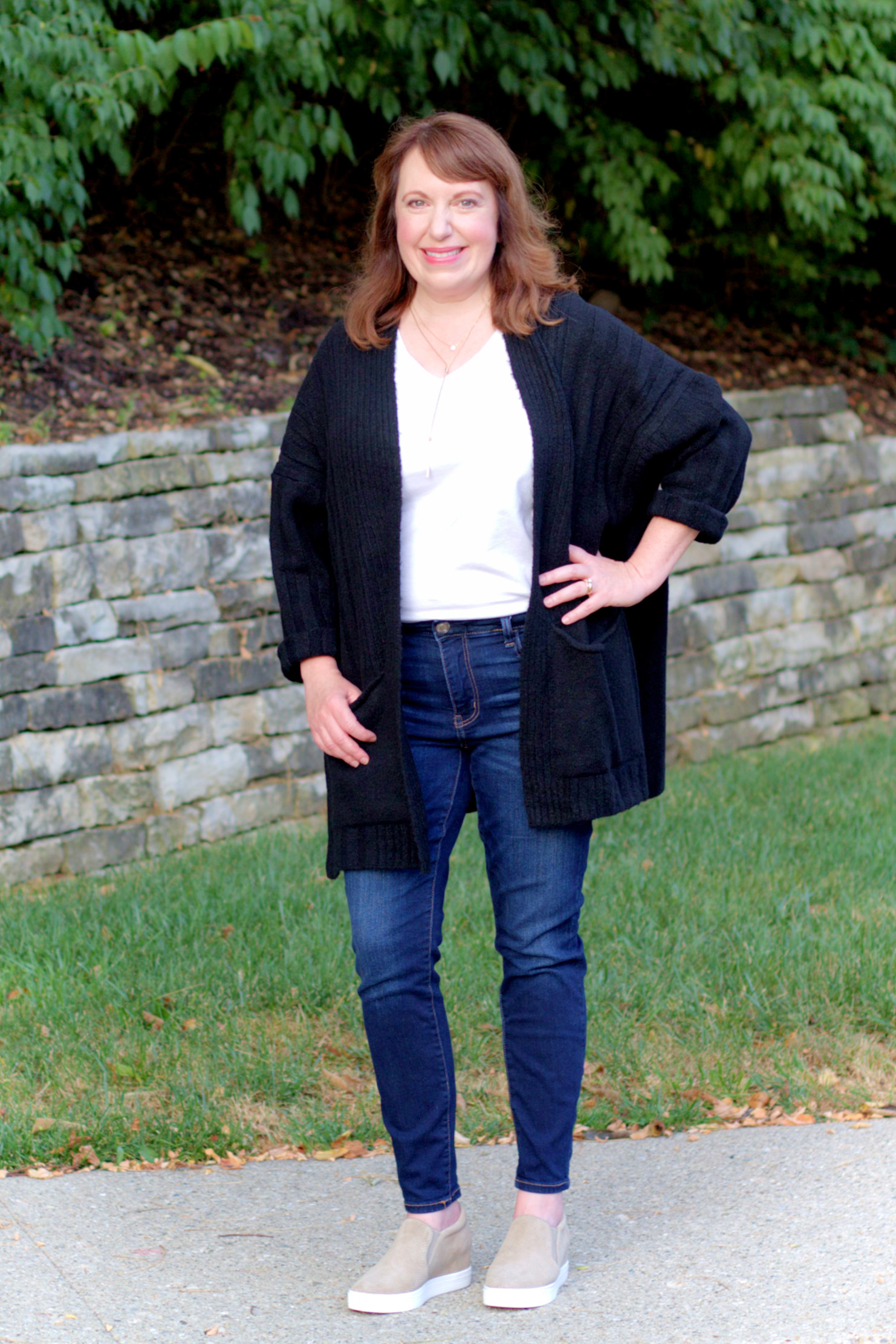 Fall Black Cardigan + White Tee