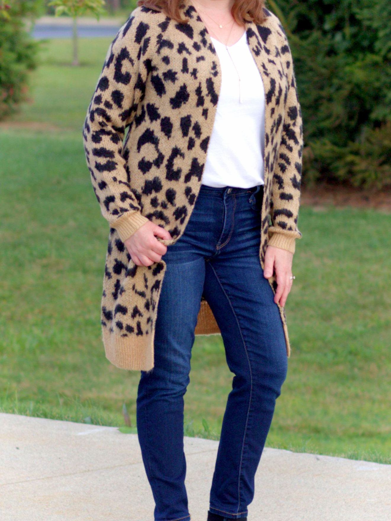 Long Leopard Print Cardigan, White Tee, & Jeans