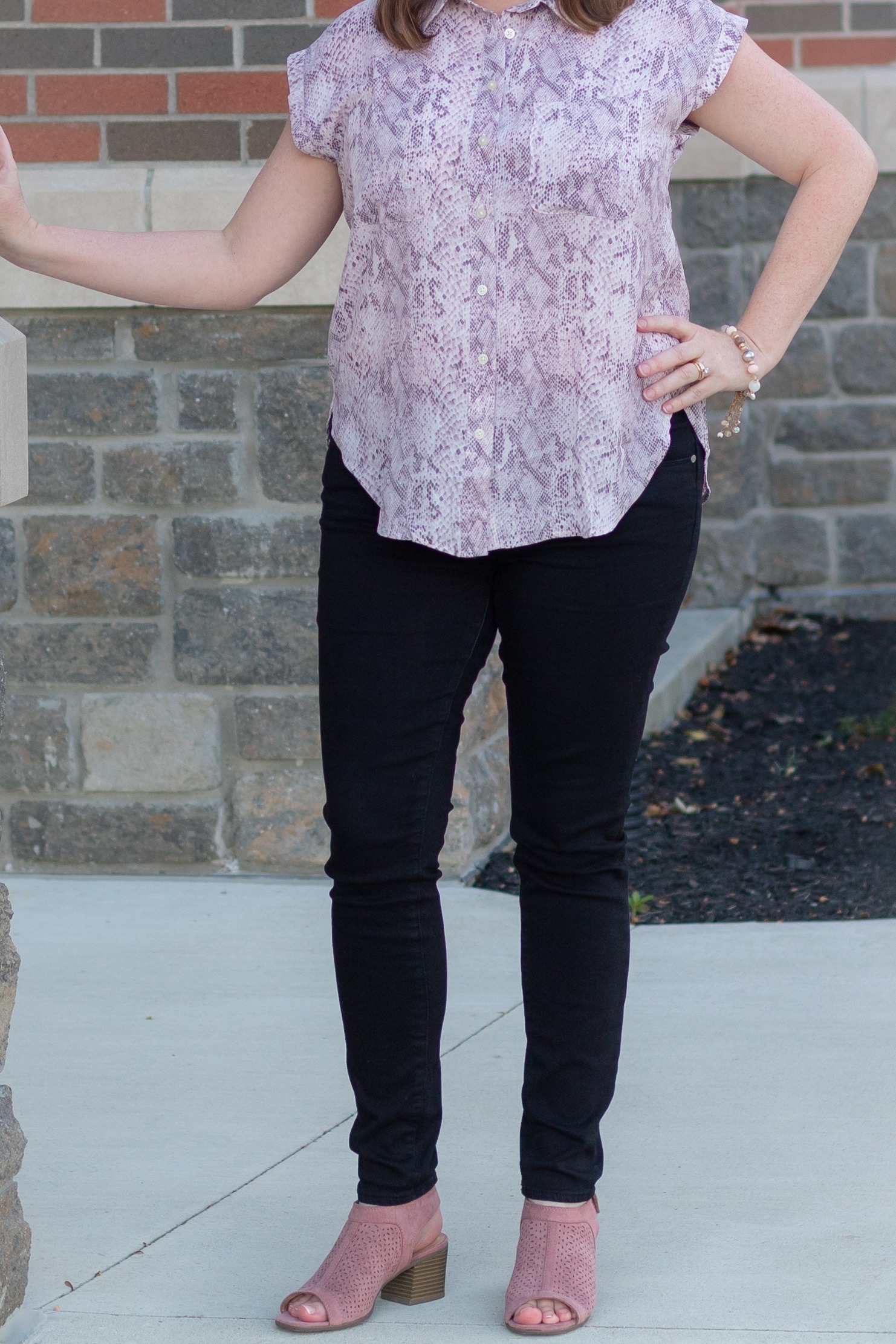 Snakeskin Top, Black Jeans, & Blush Block Heel Sandals