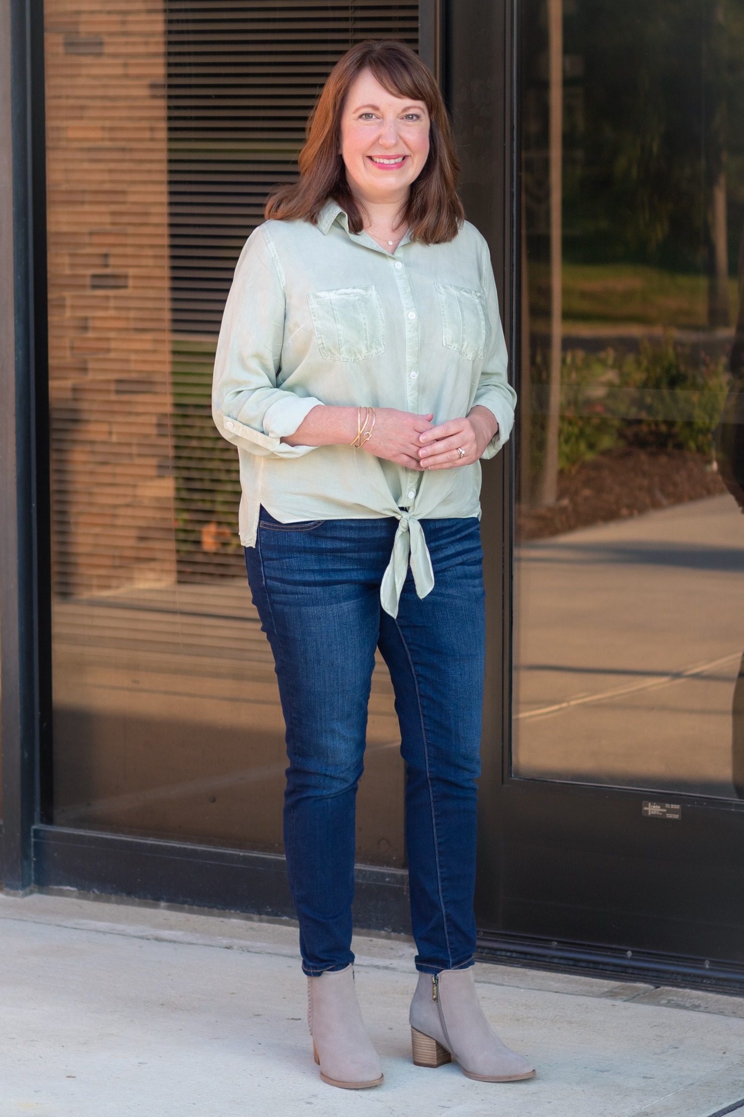 Front Tie Blouse, Jeans, Booties