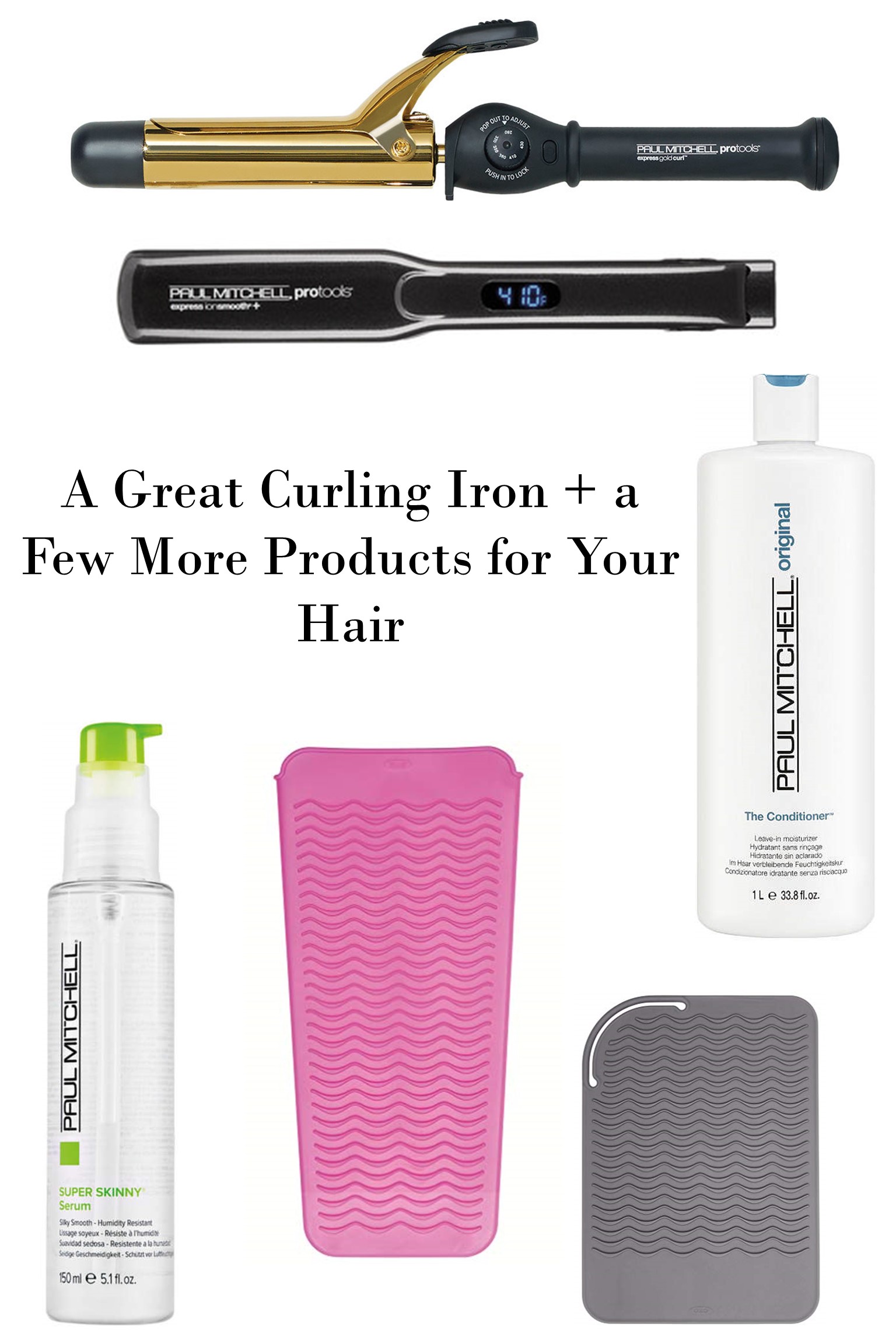 Product Pics of Paul Mitchell's Curling Iron, Flat Iron, Conditioner, and Skinny Serum