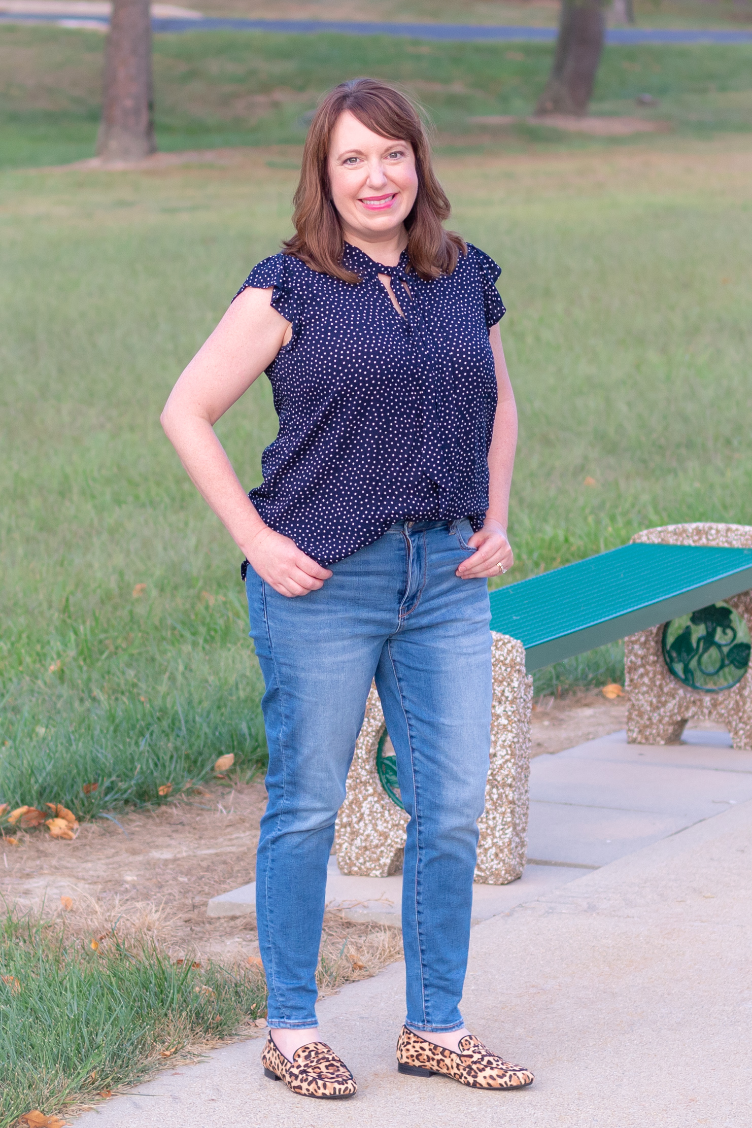 Fall Look for Warm Day with Navy Spotted Flutter Shell Top