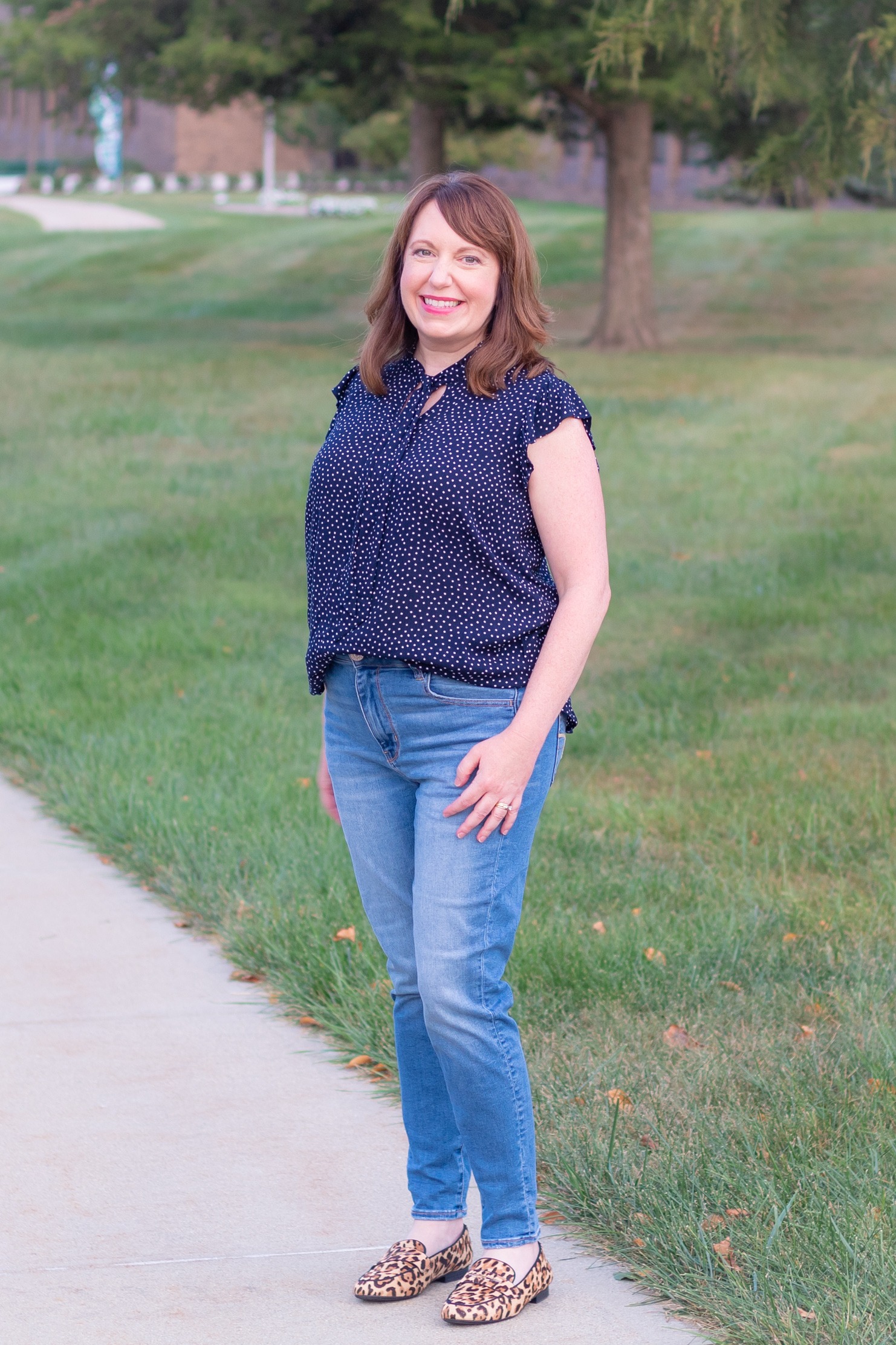 Spotted Flutter Shell, Jeans, & Leopard Loafers