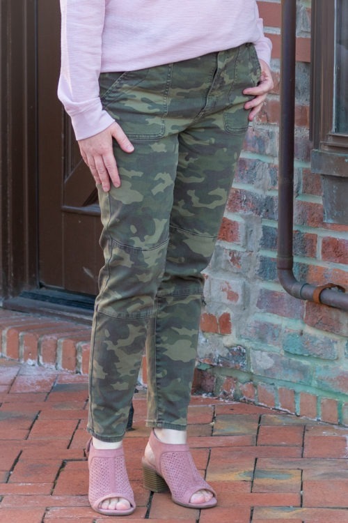 Camo Pants 3 Ways Paired with a Pink Top Dressed in Faith