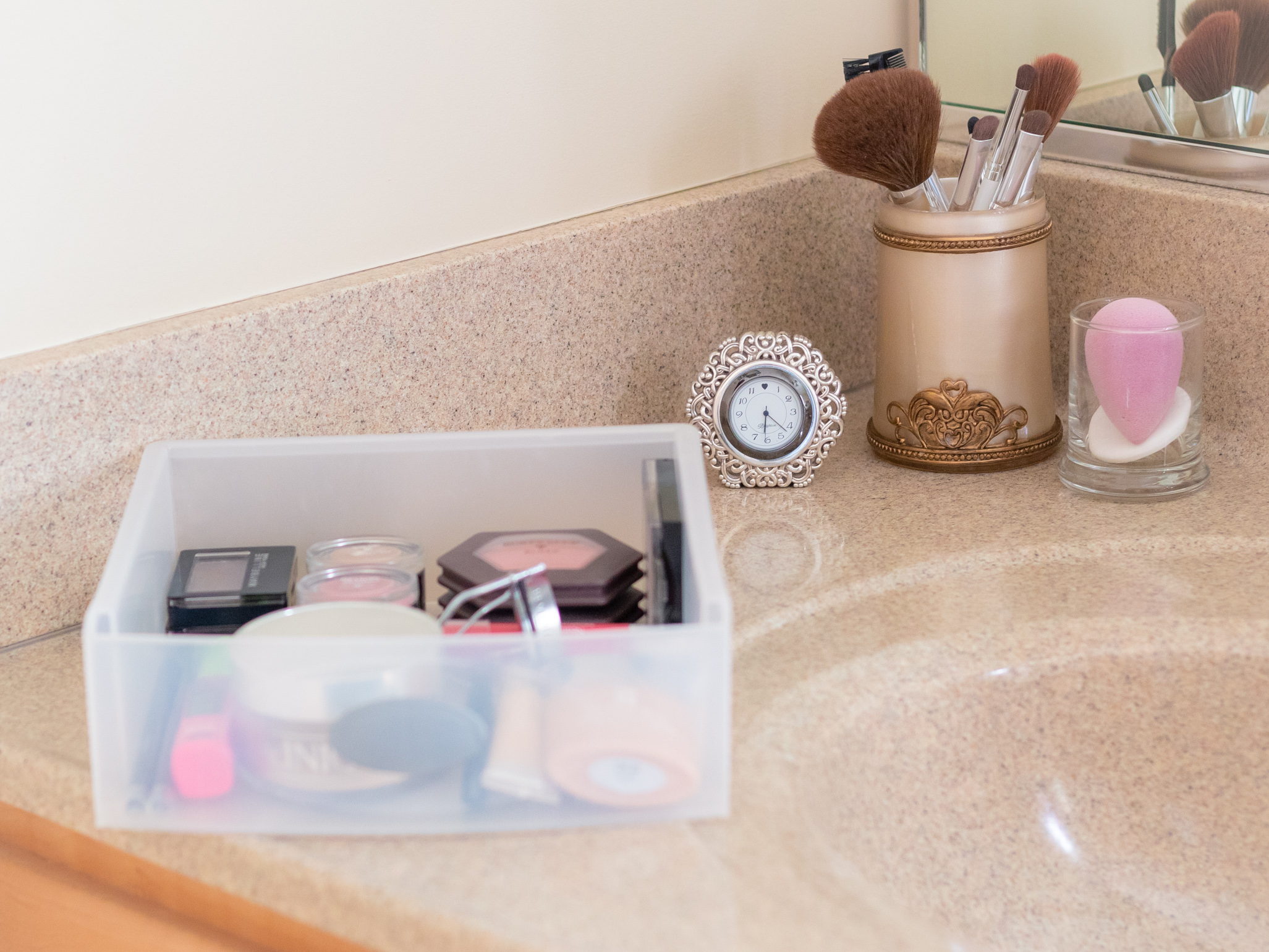 Bathroom Countertop with my Makeup Essentials