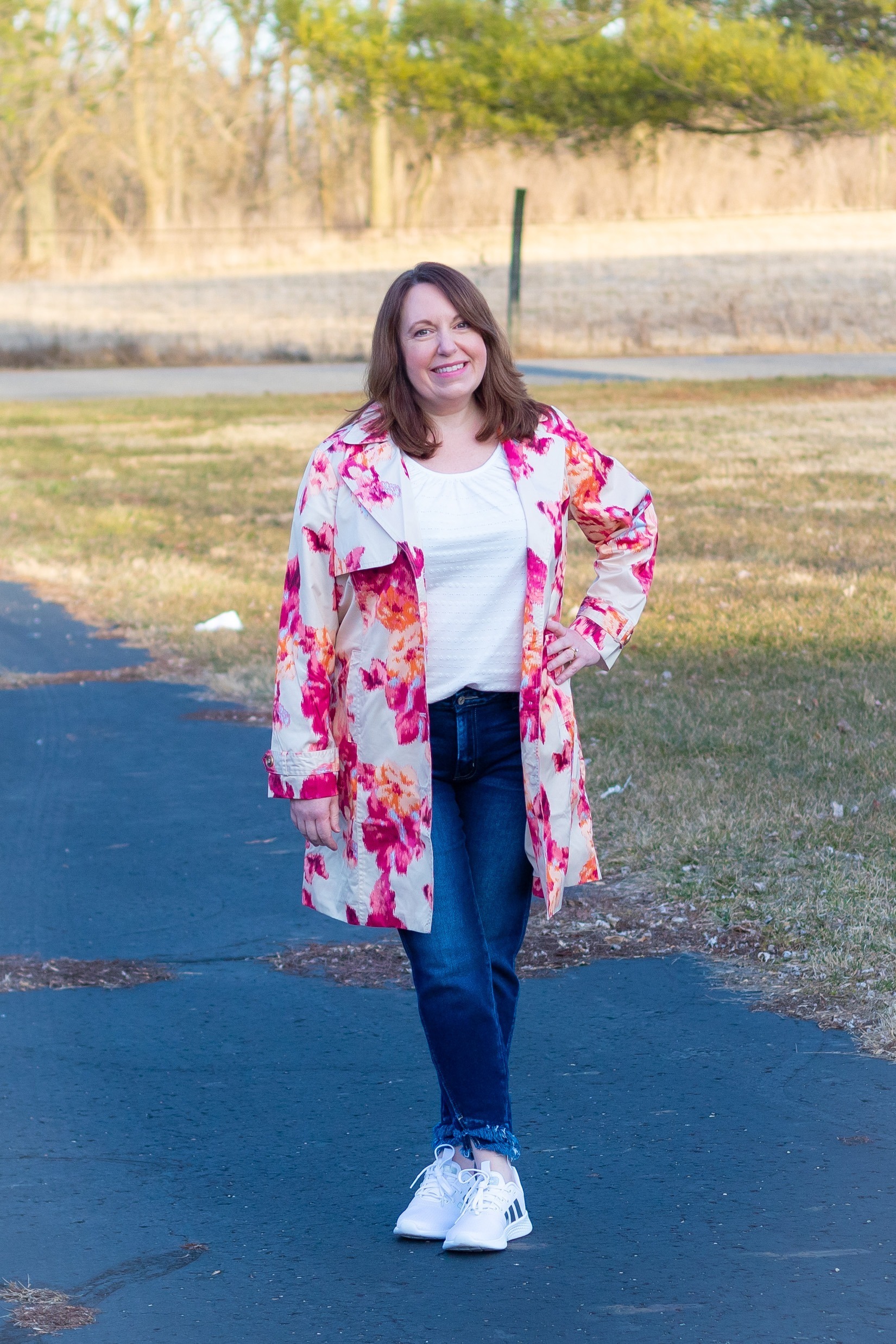 Floral Trench Coat, White Top, Jeans, & Sneakers