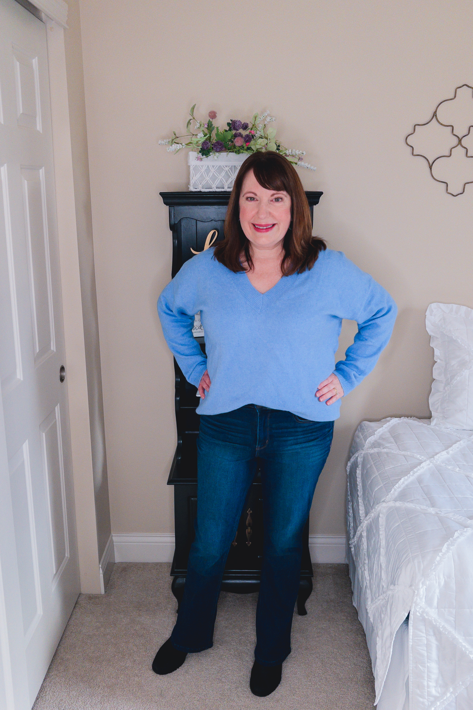 Dianna Miller Modeling a Blue Sweater & Jeans