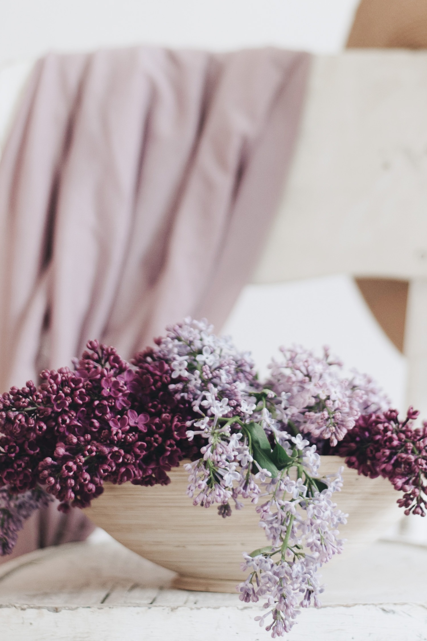 Bowl of Lilac Flowers Sitting on Chair